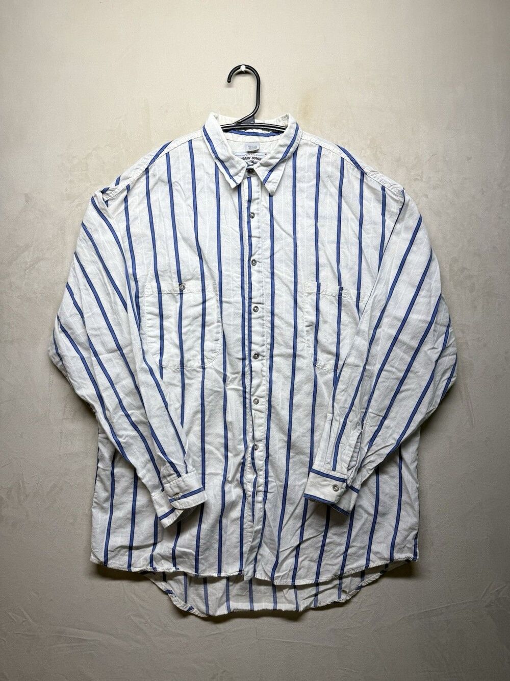 VTG Legendary Bonhomme Shirt Men's XL White Blue Striped Cotton Long Button-Up